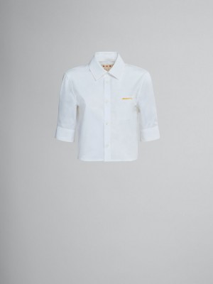 Marni Cropped Poplin Shirt With Embroidered Logo Wit | FBEUI96297