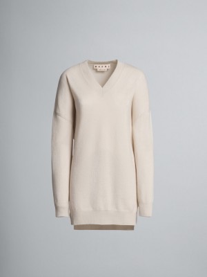 Marni Logo Cashmere V-neck Long Trui Wit | ZBEMJ73098