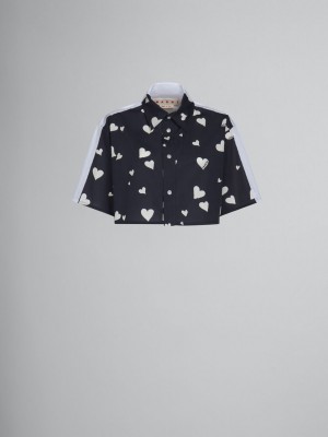 Marni Poplin Shirt With Bunch Of Hearts Print Zwart | BEXBR39122