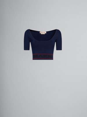 Marni Scoop-neck Top With Logo Hem Blauw | MBEHR37379