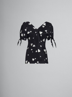 Marni Silk Bow-sleeve Top With Bunch Of Hearts Print Zwart | TBEWZ64926