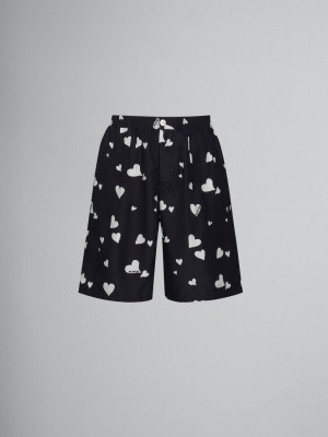 Marni Silk Shorts With Bunch Of Hearts Print Zwart | FBEUI52754