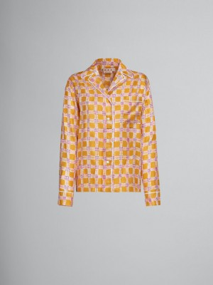 Marni Silk Twill Pyjama Shirt With Check Fields Print Geel | MBEFT15537