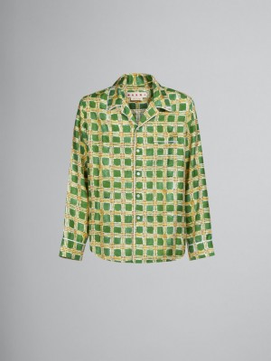 Marni Silk Twill Shirt With Check Fields Print Groen | EBEHC88095