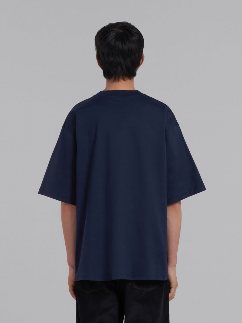 Marni Bio Katoenen T-shirt With Logo Donkerblauw | ABEWC40187