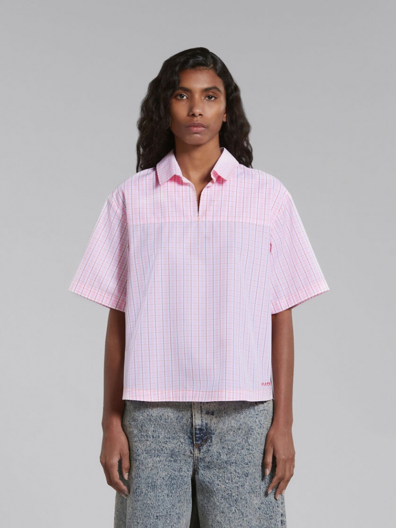 Marni Checked Blouse With Back Polo Opening Roze | MBEHR75410