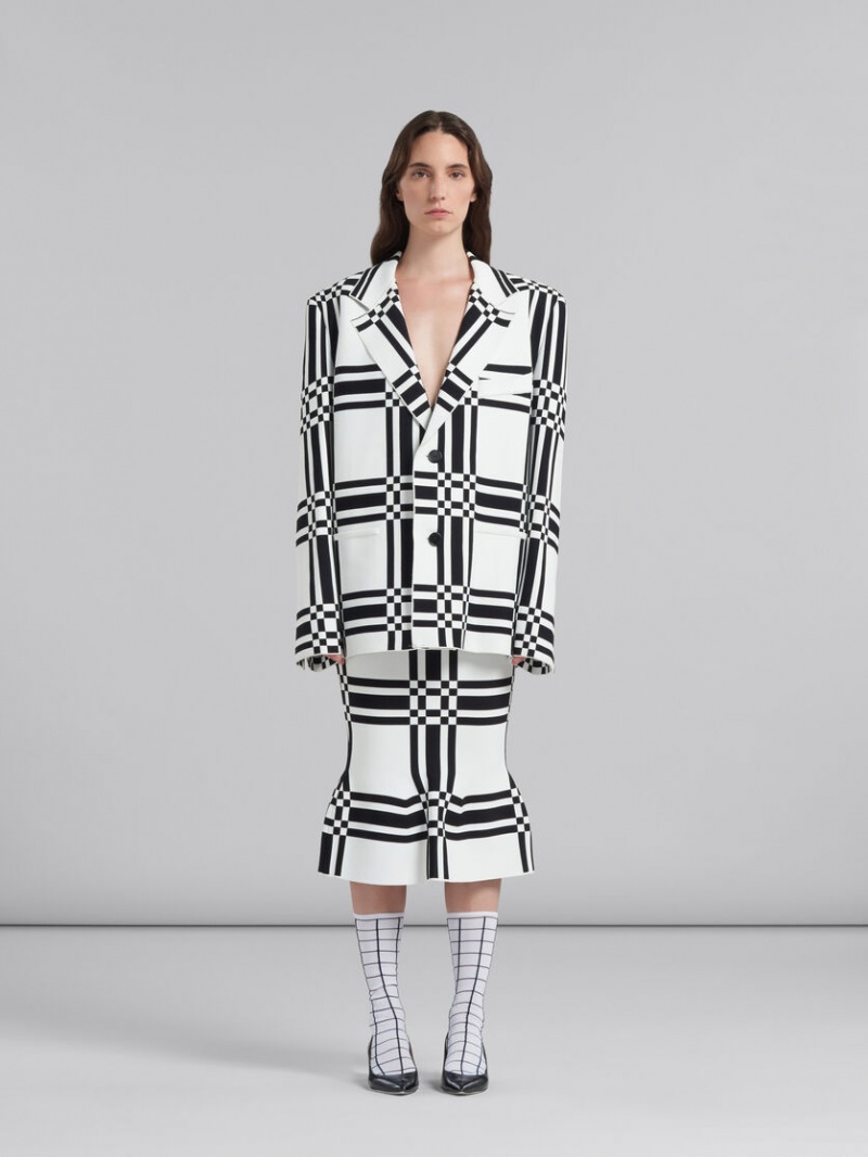 Marni Checked Viscose Sheath Skirt With Flounce Hem Wit | BEZPD54089