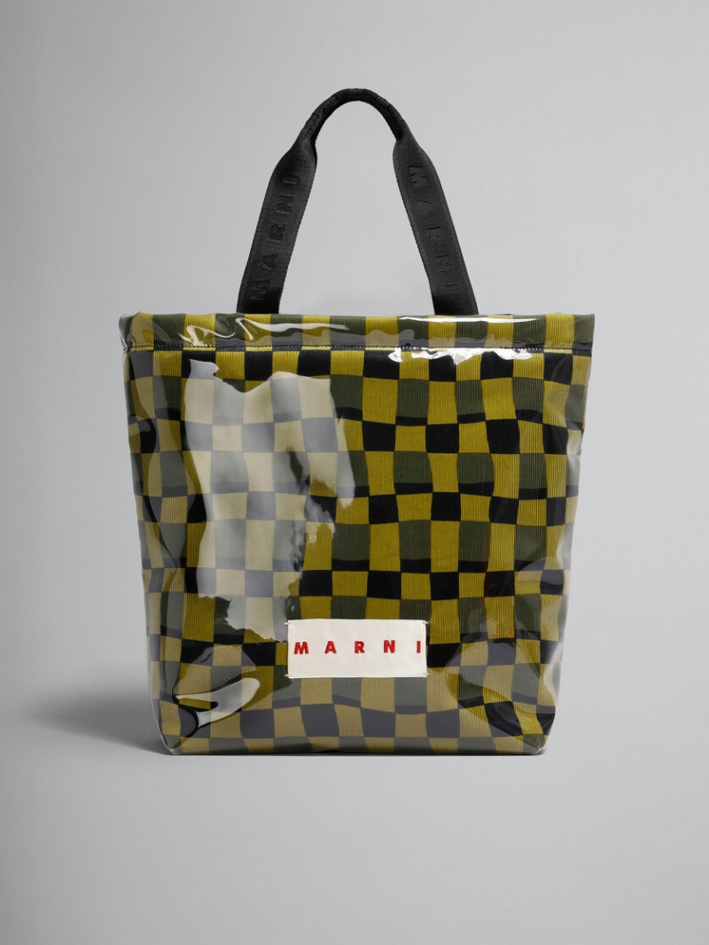 Marni Chequerboard Tote With Clear Wrap Geel | BEDFL82323