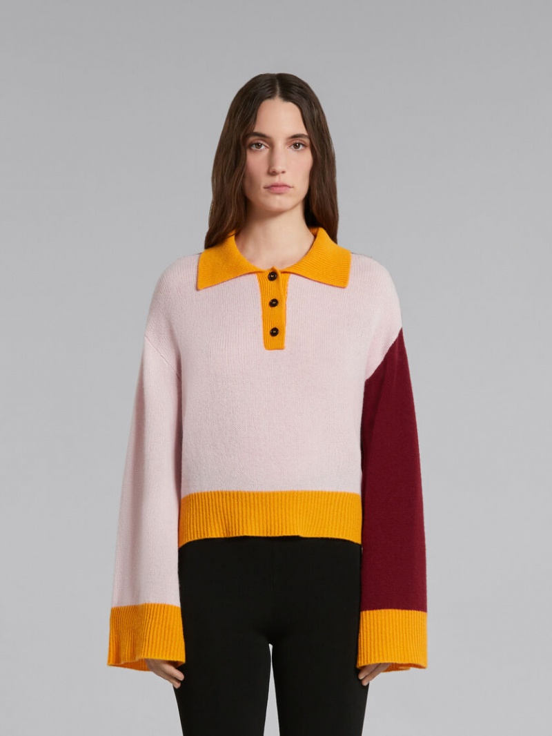 Marni Colour-block Cashmere Polo Jumper Roze | DBEVO52030