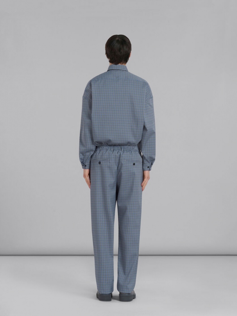 Marni Compact Wol Pants With Checked Motif Blauw | GBEEC21003