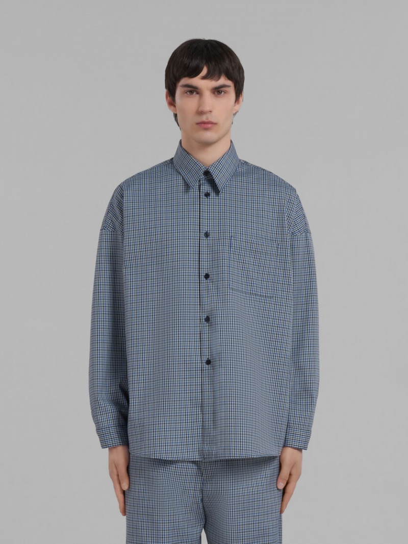 Marni Compact Wol Shirt With Checked Motif Blauw | FBEHY11160