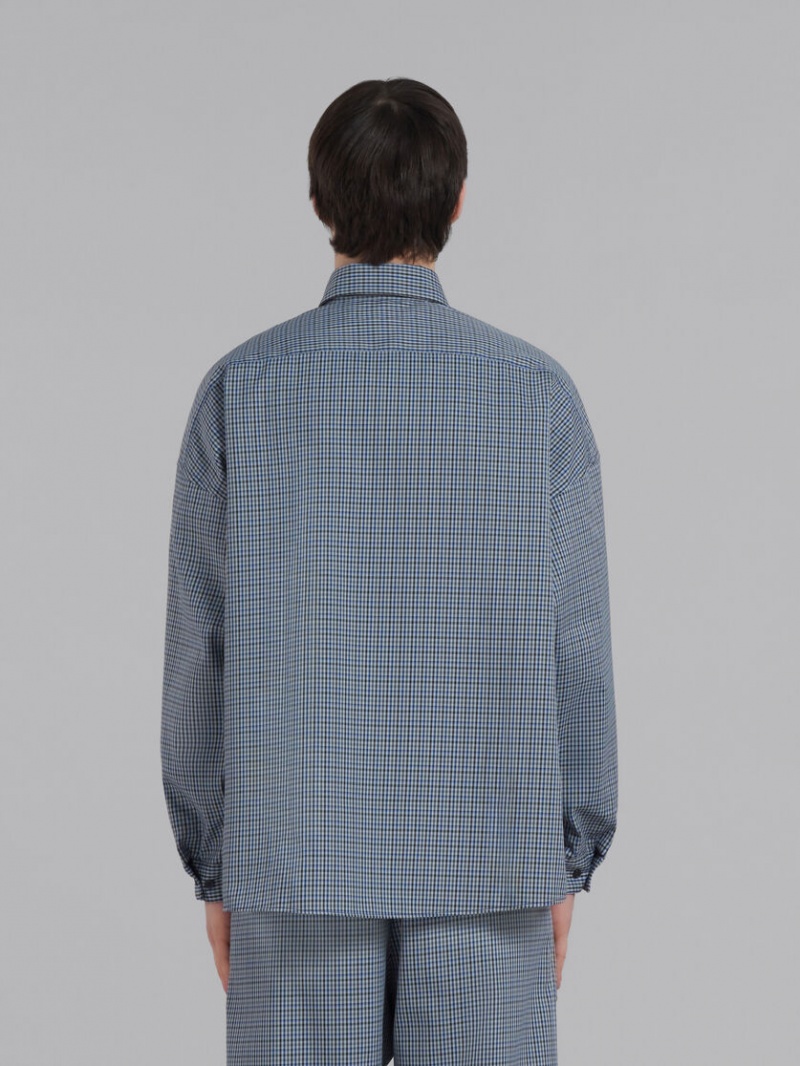 Marni Compact Wol Shirt With Checked Motif Blauw | FBEHY11160