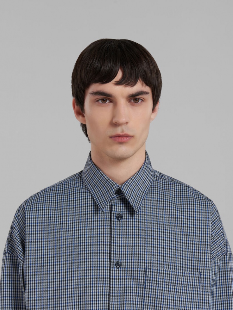 Marni Compact Wol Shirt With Checked Motif Blauw | FBEHY11160