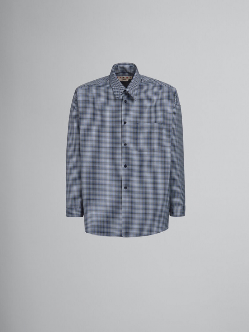 Marni Compact Wol Shirt With Checked Motif Blauw | FBEHY11160