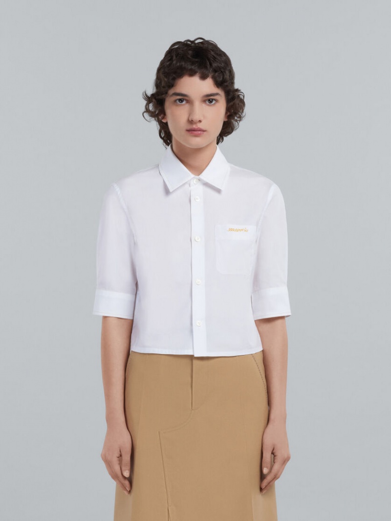 Marni Cropped Poplin Shirt With Embroidered Logo Wit | FBEUI96297