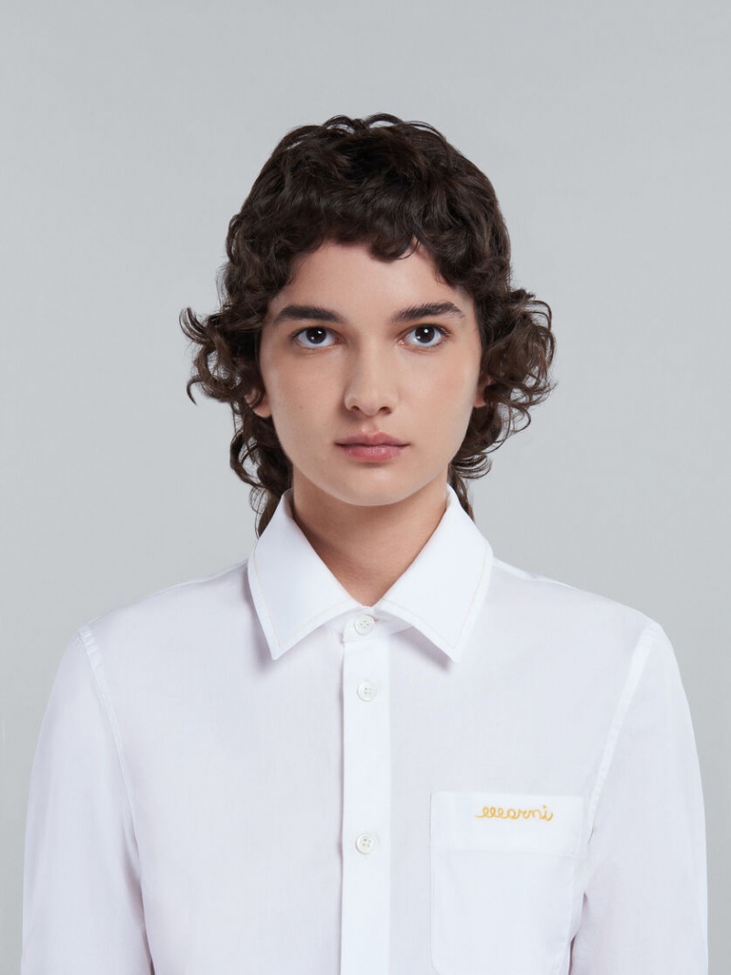 Marni Cropped Poplin Shirt With Embroidered Logo Wit | FBEUI96297