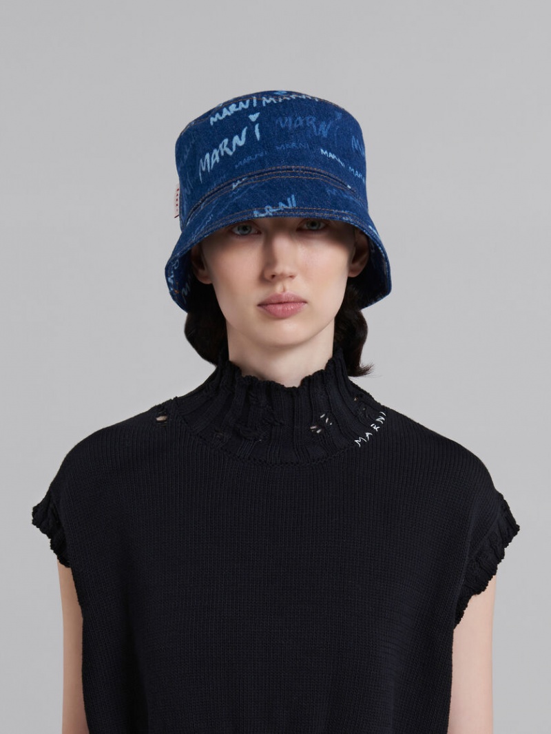 Marni Denim Bucket Hat With Mega Marni Motif Blauw | BEQCS28701