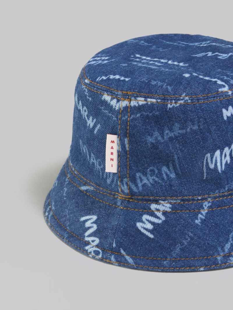 Marni Denim Bucket Hat With Mega Marni Motif Blauw | BEQCS28701