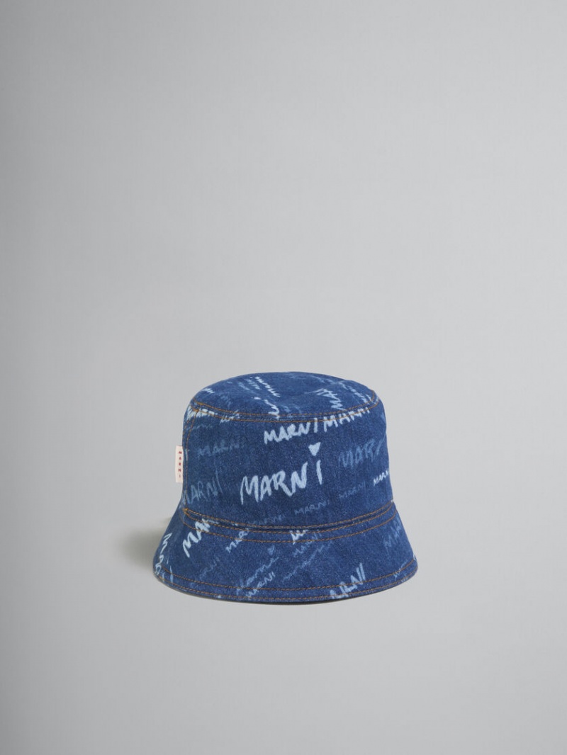 Marni Denim Bucket Hat With Mega Marni Motif Blauw | BEQCS28701