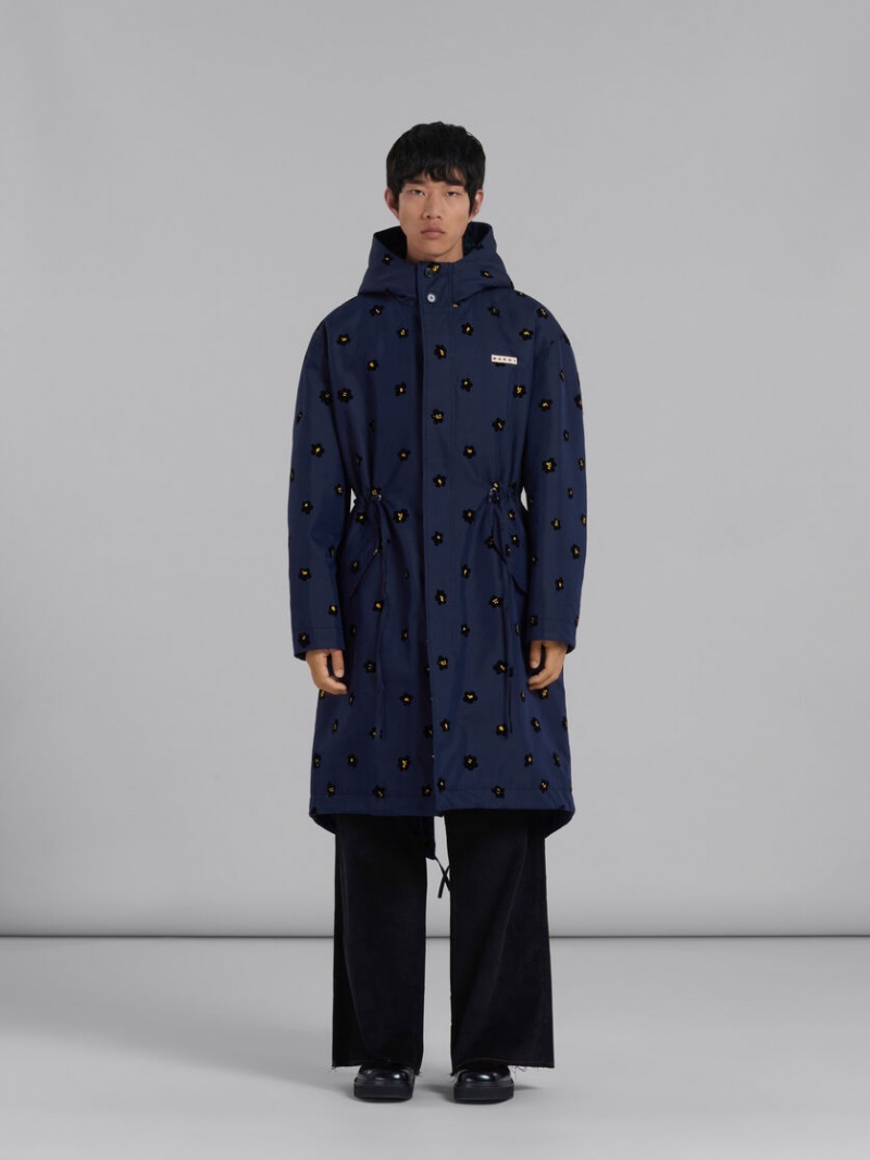 Marni Gabardine Parka With Flocked Draft Flower Print Blauw Bloemen | BEIIZ83827