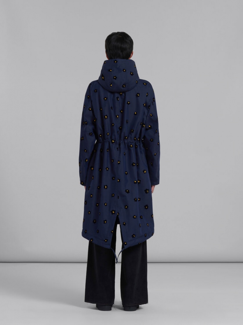 Marni Gabardine Parka With Flocked Draft Flower Print Blauw Bloemen | BEIIZ83827