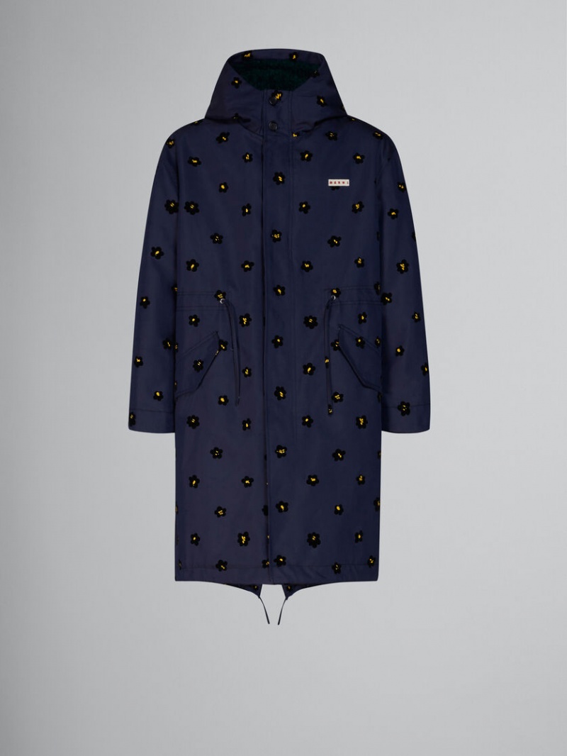 Marni Gabardine Parka With Flocked Draft Flower Print Blauw Bloemen | BEIIZ83827