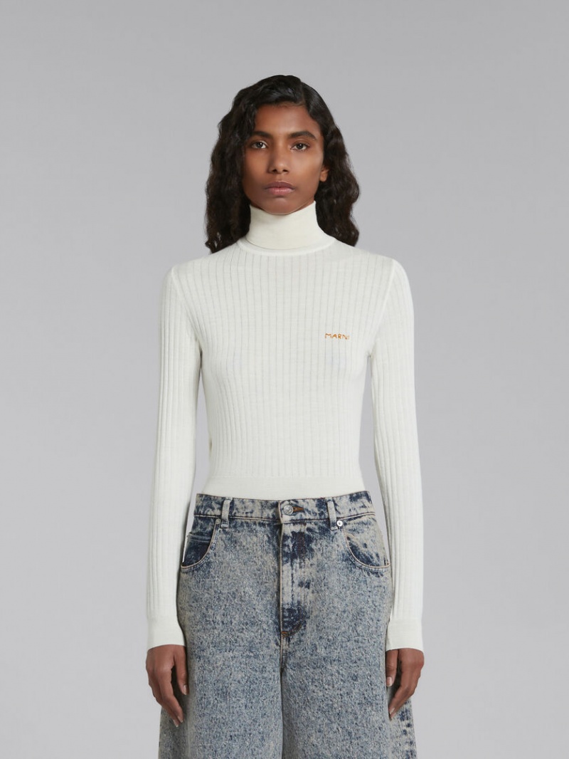 Marni Geribbeld Wol And Silk Turtleneck Top Wit | BENEJ99352