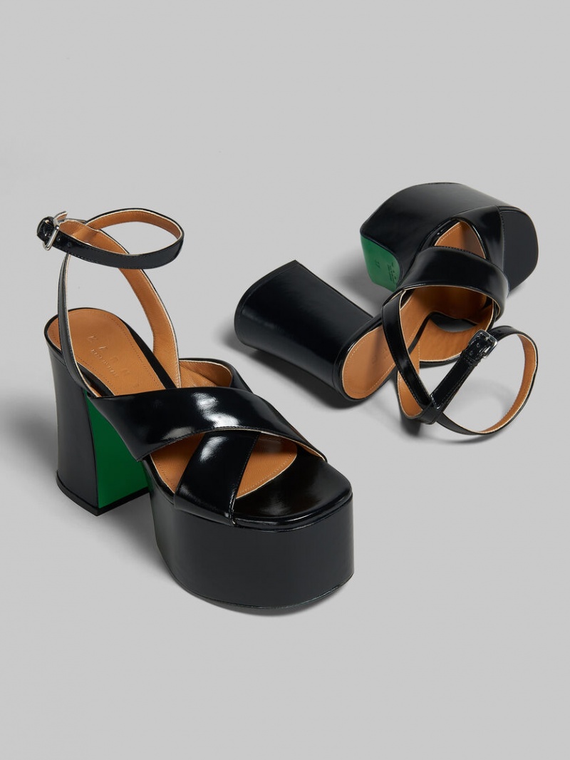 Marni Lak Leren Platform Sandal Zwart | BBESO21455