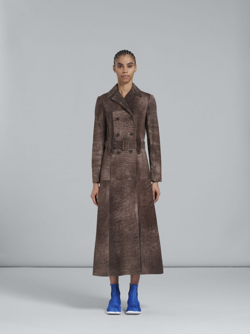 Marni Leren Coat Donkerbruin | TBEPQ46201