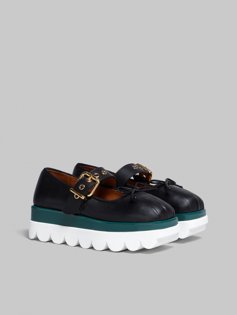 Marni Leren Mary Jane Shoe With Scalloped Sole Zwart | QBEWA17038