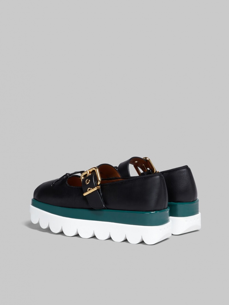 Marni Leren Mary Jane Shoe With Scalloped Sole Zwart | QBEWA17038