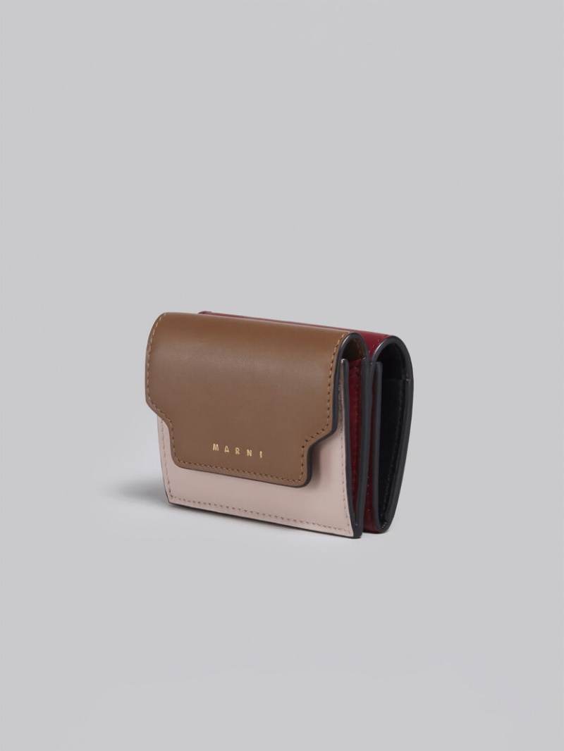 Marni Leren Tri-fold Wallet Bruin Roze Bordeaux | YBEGT85354