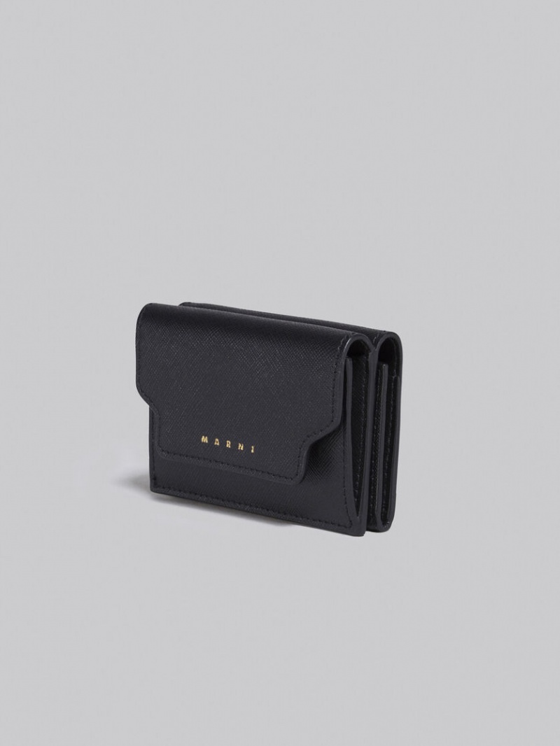 Marni Leren Tri-fold Wallet Zwart | LBESX84774