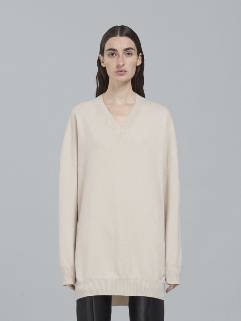 Marni Logo Cashmere V-neck Long Trui Wit | ZBEMJ73098