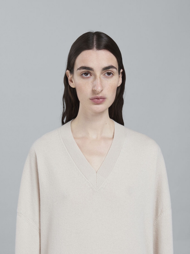 Marni Logo Cashmere V-neck Long Trui Wit | ZBEMJ73098