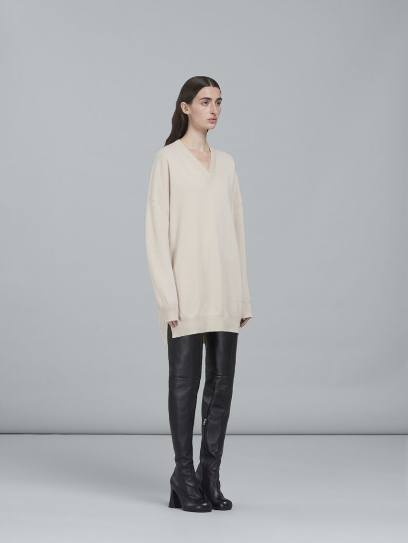 Marni Logo Cashmere V-neck Long Trui Wit | ZBEMJ73098