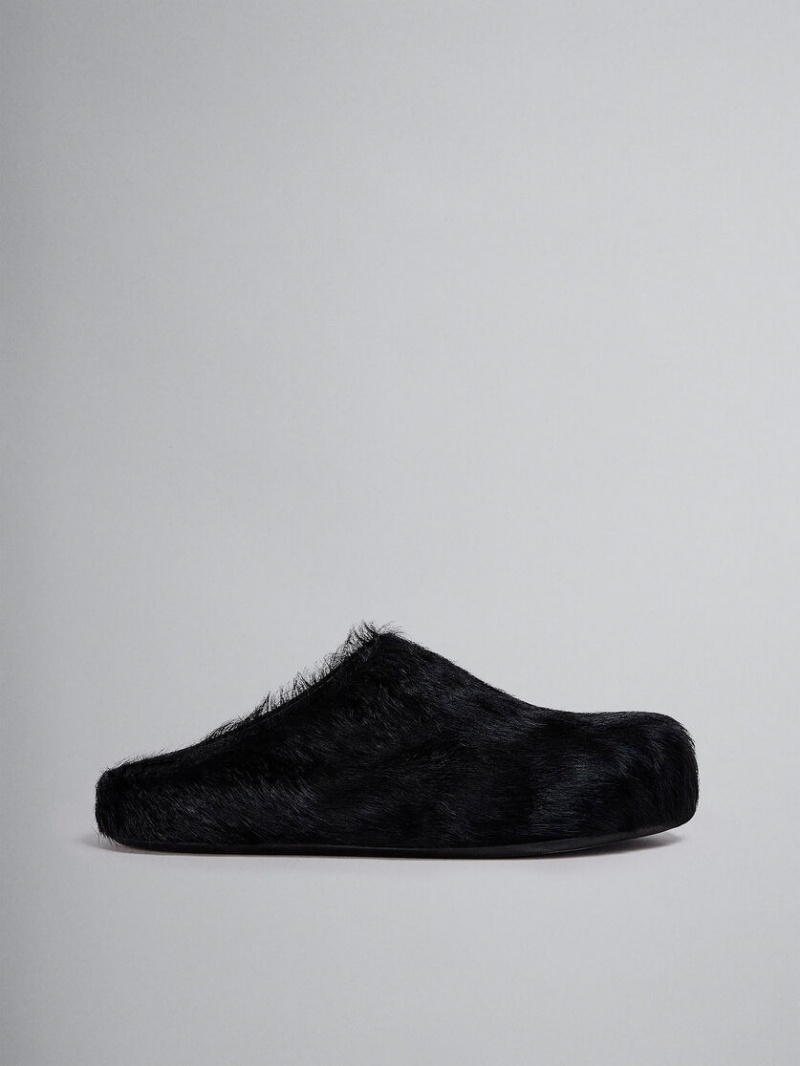 Marni Long Hair Calfskin Fussbett Sabot Zwart | BEQCS66585