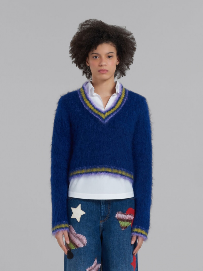 Marni Mohair Jumper With Gestreept Trims Blauw | BENZX56898