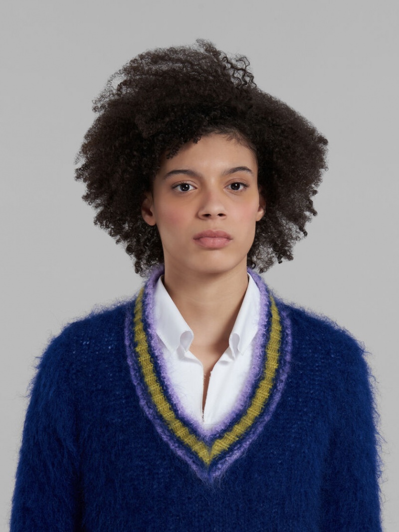 Marni Mohair Jumper With Gestreept Trims Blauw | BENZX56898