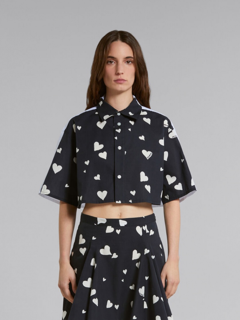 Marni Poplin Shirt With Bunch Of Hearts Print Zwart | BEXBR39122