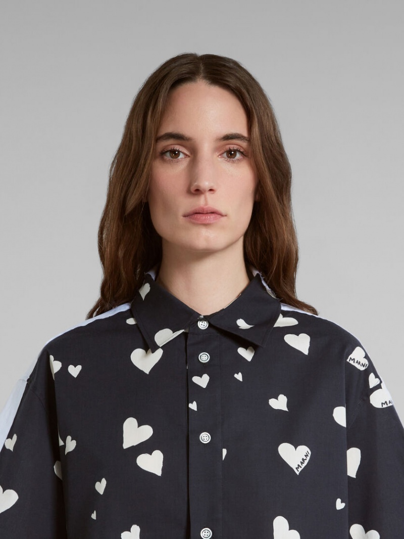 Marni Poplin Shirt With Bunch Of Hearts Print Zwart | BEXBR39122