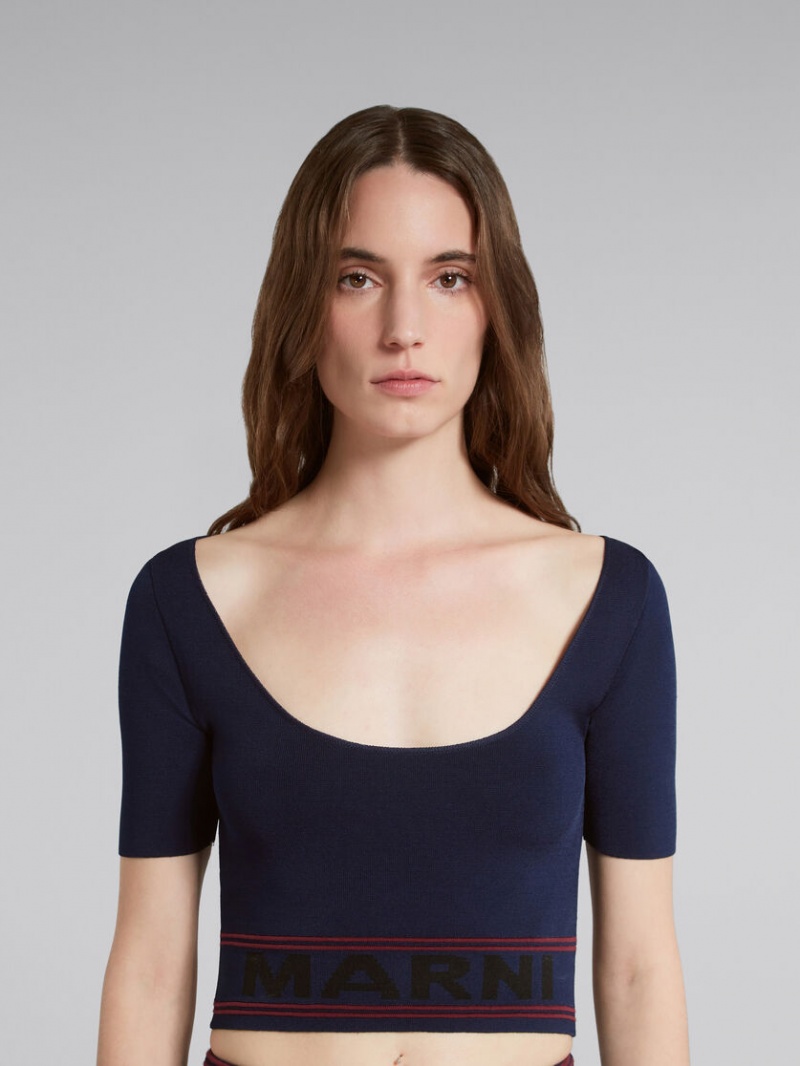 Marni Scoop-neck Top With Logo Hem Blauw | MBEHR37379