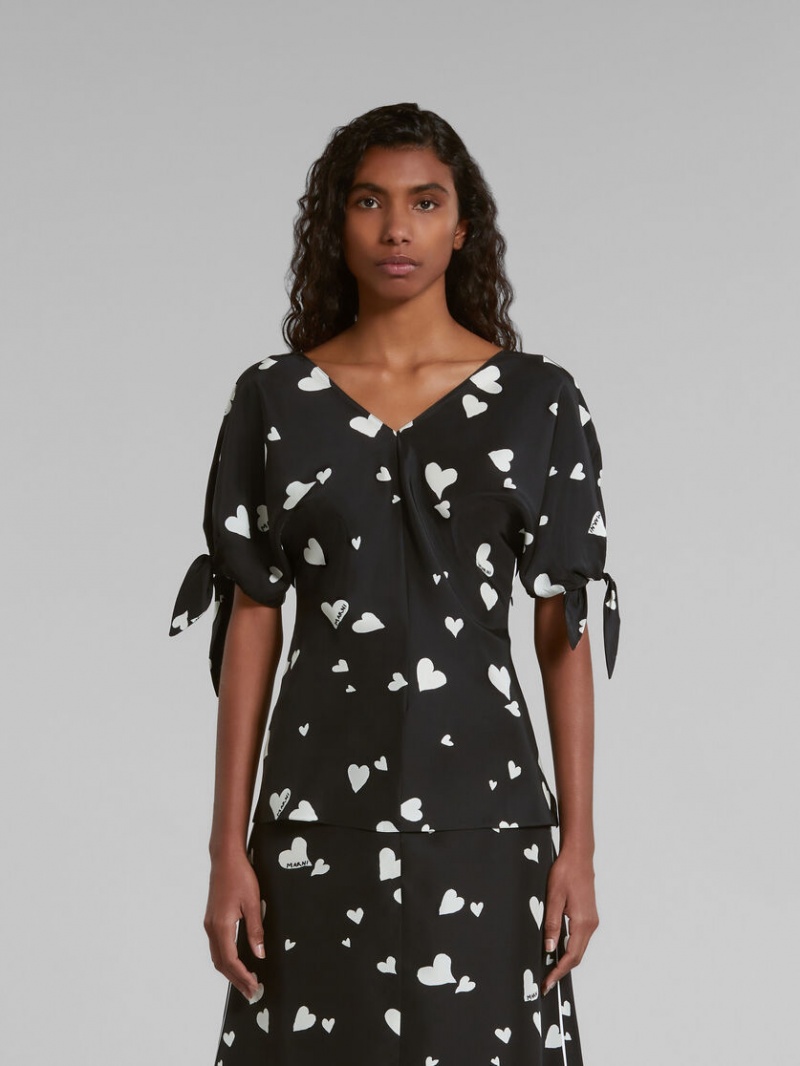 Marni Silk Bow-sleeve Top With Bunch Of Hearts Print Zwart | TBEWZ64926