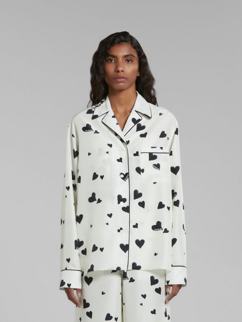 Marni Silk Pyjama Shirt With Bunch Of Hearts Print Wit | BENEJ58477