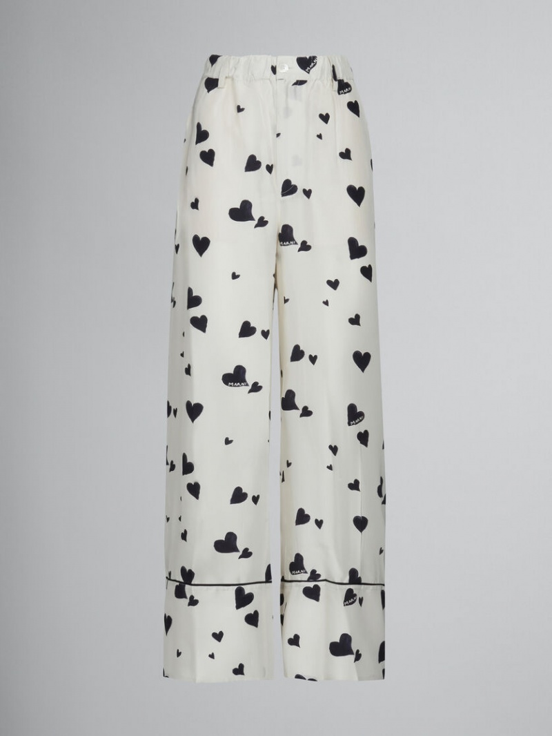 Marni Silk Pyjama Trousers With Bunch Of Hearts Print Wit | BEQAV56863