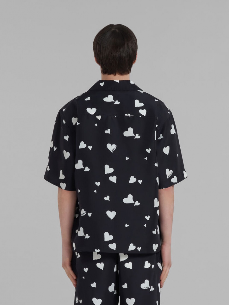 Marni Silk Shirt With Bunch Of Hearts Print Zwart | PBEER95728