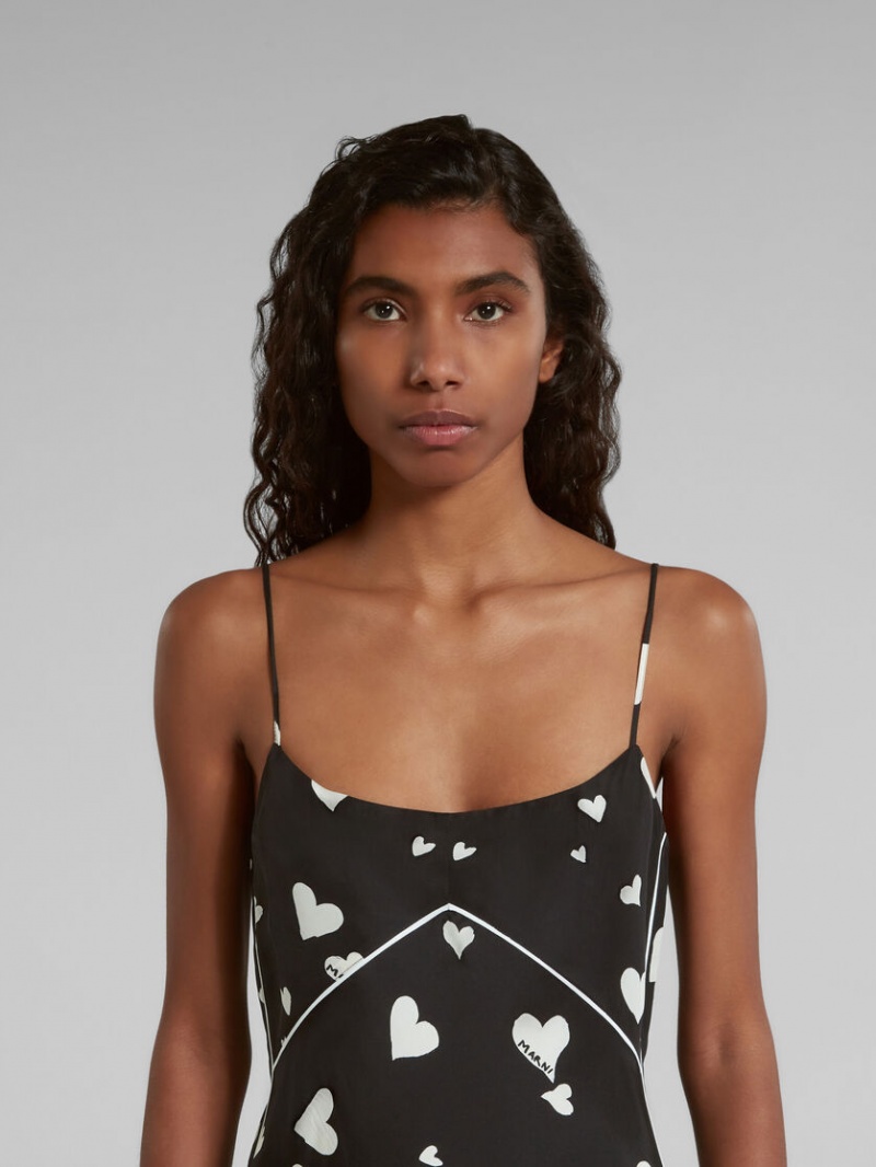 Marni Silk Slip With Bunch Of Hearts Print Zwart | UBEND84932