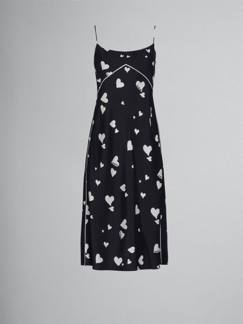 Marni Silk Slip With Bunch Of Hearts Print Zwart | UBEND84932