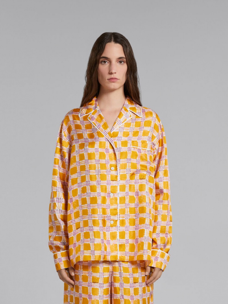 Marni Silk Twill Pyjama Shirt With Check Fields Print Geel | MBEFT15537