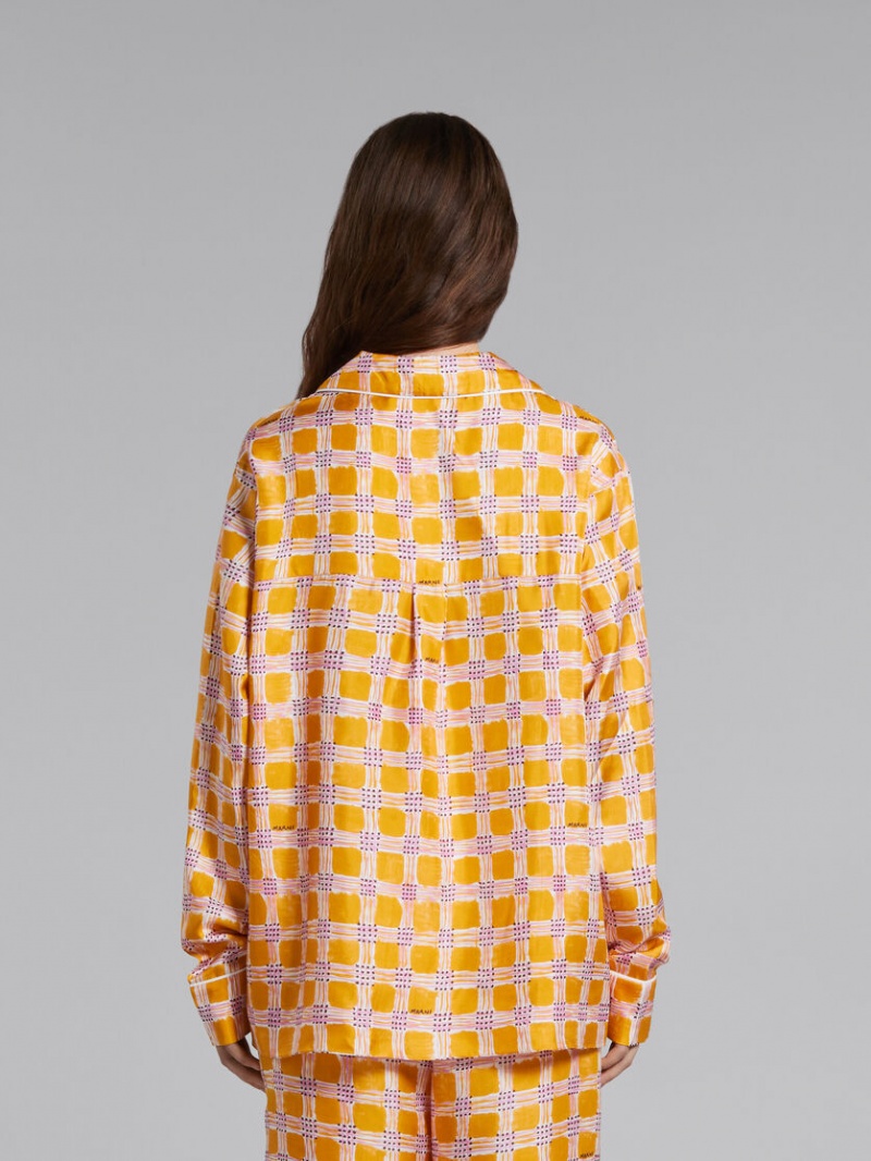 Marni Silk Twill Pyjama Shirt With Check Fields Print Geel | MBEFT15537